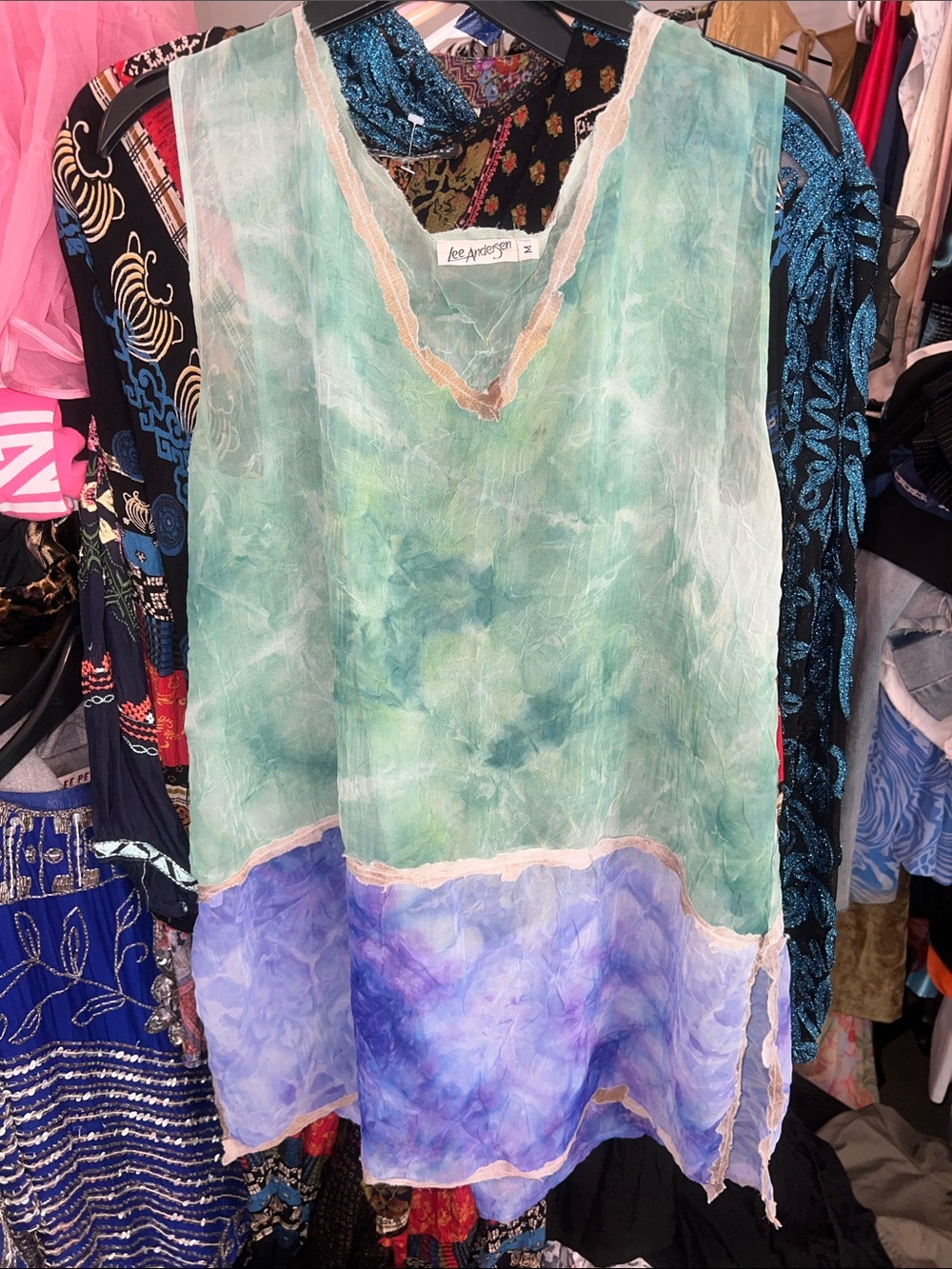 Lee Anderson Sheer Tie-Dye Tunic Top in Seafoam & Lavender